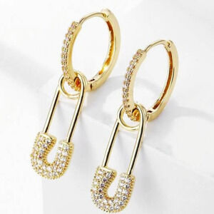 18k Gold Diamond Safety Pin Earrings  Rhinestone Cubic Zircon Dangle Earrings